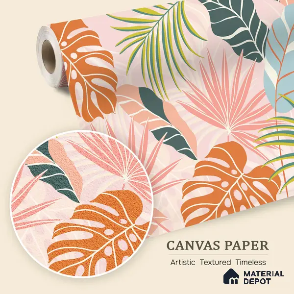 Peach Multi Colour Monstera Palm Tropical Abstract Serenity Art | WP 03920 B Canvas Texture Finish Tropical Style luxurious Customized size Wallpaper | 250 GSM WP01CNF Paper | (MOQ = 30 Sq. Ft.)