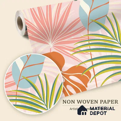 Peach Multi Colour Monstera Palm Tropical Abstract Serenity Art | WP 03920 Non Woven Matte Finish Tropical Style Premium Customized size Wallpaper | 150 GSM WP01MTF Paper | (MOQ = 30 Sq. Ft.)