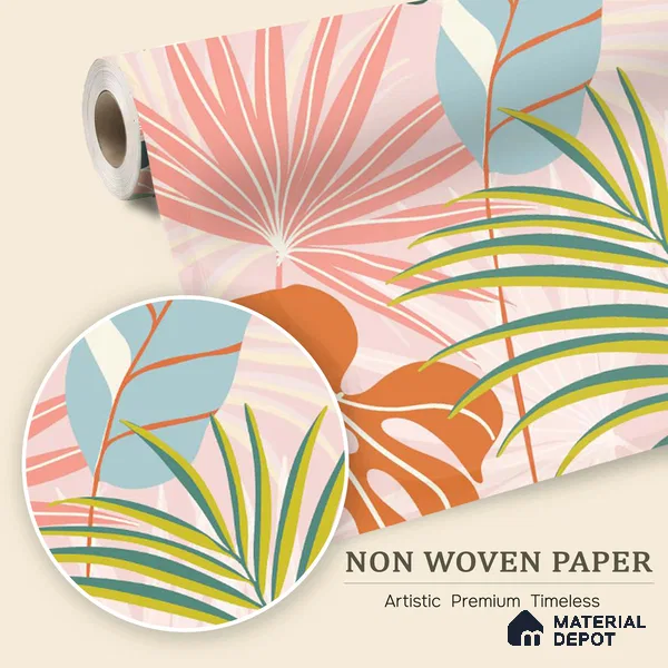 Peach Multi Colour Monstera Palm Tropical Abstract Serenity Art | WP 03920 Non Woven Matte Finish Tropical Style Premium Customized size Wallpaper | 150 GSM WP01MTF Paper | (MOQ = 30 Sq. Ft.)