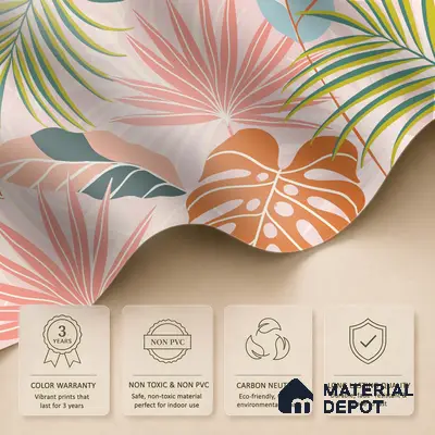 Peach Multi Colour Monstera Palm Tropical Abstract Serenity Art | WP 03920 B Canvas Texture Finish Tropical Style luxurious Customized size Wallpaper | 250 GSM WP01CNF Paper | (MOQ = 30 Sq. Ft.)