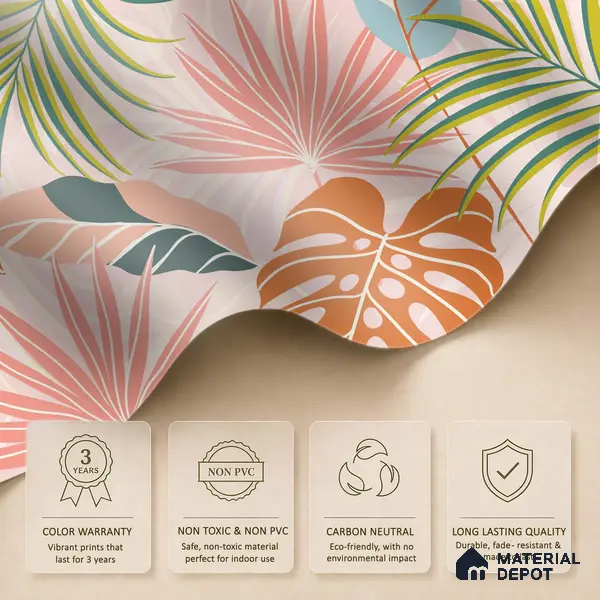 Peach Multi Colour Monstera Palm Tropical Abstract Serenity Art | WP 03920 B Canvas Texture Finish Tropical Style luxurious Customized size Wallpaper | 250 GSM WP01CNF Paper | (MOQ = 30 Sq. Ft.)