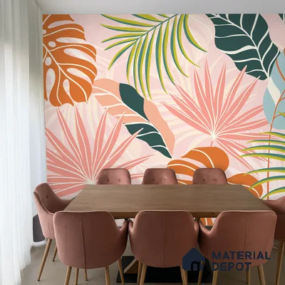Peach Multi Colour Monstera Palm Tropical Abstract Serenity Art | WP 03920 Non Woven Matte Finish Tropical Style Premium Customized size Wallpaper | 150 GSM WP01MTF Paper | (MOQ = 30 Sq. Ft.)