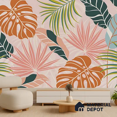 Peach Multi Colour Monstera Palm Tropical Abstract Serenity Art | WP 03920 Non Woven Matte Finish Tropical Style Premium Customized size Wallpaper | 150 GSM WP01MTF Paper | (MOQ = 30 Sq. Ft.)