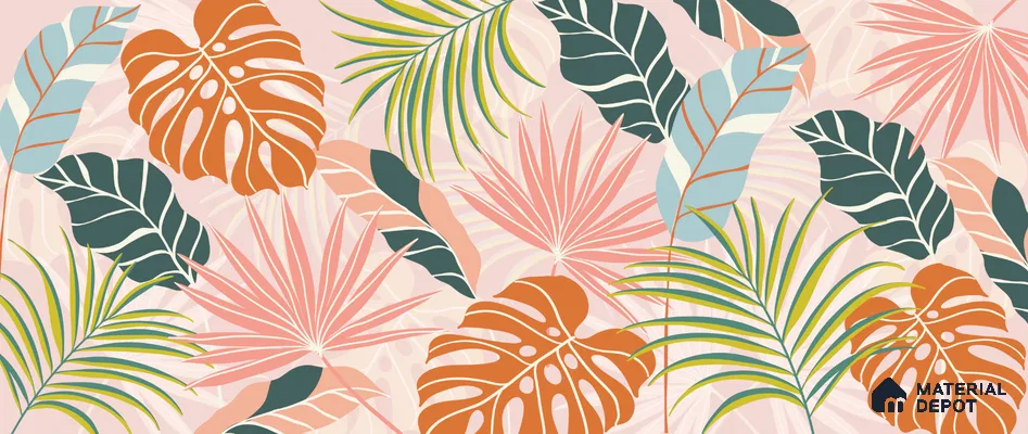 Peach Multi Colour Monstera Palm Tropical Abstract Serenity Art | WP 03920 Non Woven Matte Finish Tropical Style Premium Customized size Wallpaper | 150 GSM WP01MTF Paper | (MOQ = 30 Sq. Ft.)