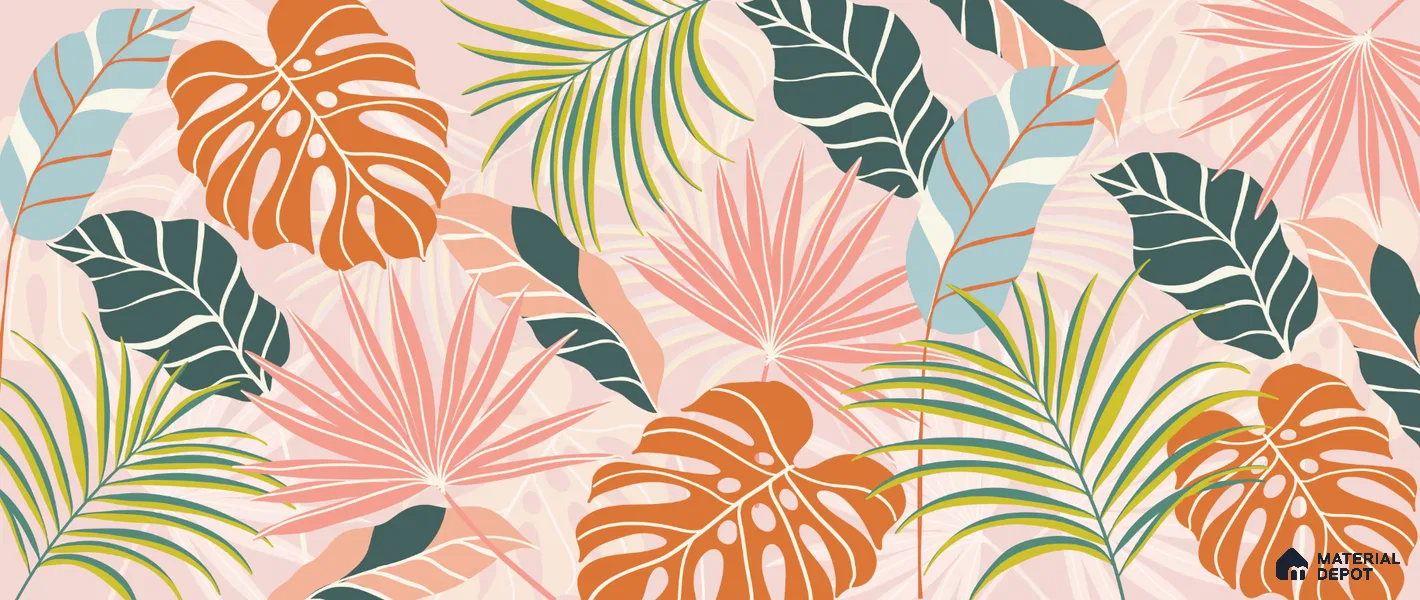 Peach Multi Colour Monstera Palm Tropical Abstract Serenity Art | WP 03920 Non Woven Matte Finish Tropical Style Premium Customized size Wallpaper | 150 GSM WP01MTF Paper | (MOQ = 30 Sq. Ft.)