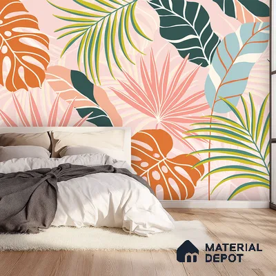 Peach Multi Colour Monstera Palm Tropical Abstract Serenity Art | WP 03920 Non Woven Matte Finish Tropical Style Premium Customized size Wallpaper | 150 GSM WP01MTF Paper | (MOQ = 30 Sq. Ft.)