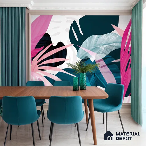 Pink Teal Modern Botanical Leaf Abstract Nature Art | WP 03921 B Canvas Texture Finish Tropical Style luxurious Customized size Wallpaper | 250 GSM WP01CNF Paper | (MOQ = 30 Sq. Ft.)