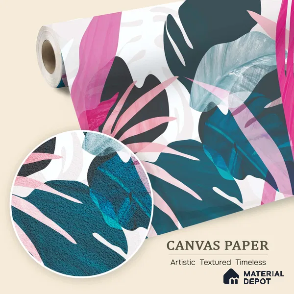 Pink Teal Modern Botanical Leaf Abstract Nature Art | WP 03921 B Canvas Texture Finish Tropical Style luxurious Customized size Wallpaper | 250 GSM WP01CNF Paper | (MOQ = 30 Sq. Ft.)