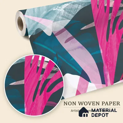 Pink Teal Modern Botanical Leaf Abstract Nature Art | WP 03921 Non Woven Matte Finish Tropical Style Premium Customized size Wallpaper | 150 GSM WP01MTF Paper | (MOQ = 30 Sq. Ft.)