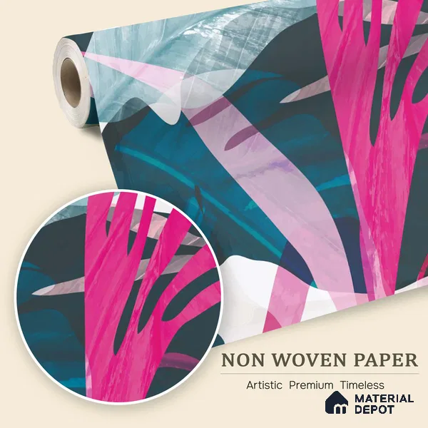 Pink Teal Modern Botanical Leaf Abstract Nature Art | WP 03921 Non Woven Matte Finish Tropical Style Premium Customized size Wallpaper | 150 GSM WP01MTF Paper | (MOQ = 30 Sq. Ft.)