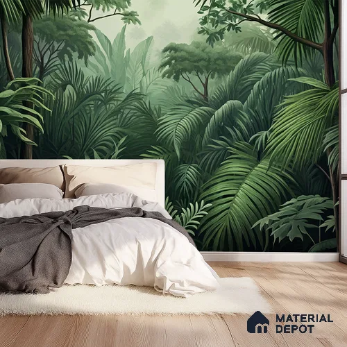 Emerald Green Lush Rainforest Leaves Abstract Serenity Art | WP 03922 B Canvas Texture Finish Tropical Style luxurious Customized size Wallpaper | 250 GSM WP01CNF Paper | (MOQ = 30 Sq. Ft.)