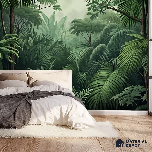 Emerald Green Lush Rainforest Leaves Abstract Serenity Art | WP 03922 B Canvas Texture Finish Tropical Style luxurious Customized size Wallpaper | 250 GSM WP01CNF Paper | (MOQ = 30 Sq. Ft.)