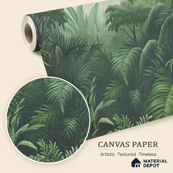 Emerald Green Lush Rainforest Leaves Abstract Serenity Art | WP 03922 B Canvas Texture Finish Tropical Style luxurious Customized size Wallpaper | 250 GSM WP01CNF Paper | (MOQ = 30 Sq. Ft.)