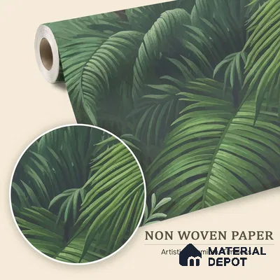 Emerald Green Lush Rainforest Leaves Abstract Serenity Art | WP 03922 Non Woven Matte Finish Tropical Style Premium Customized size Wallpaper | 150 GSM WP01MTF Paper | (MOQ = 30 Sq. Ft.)
