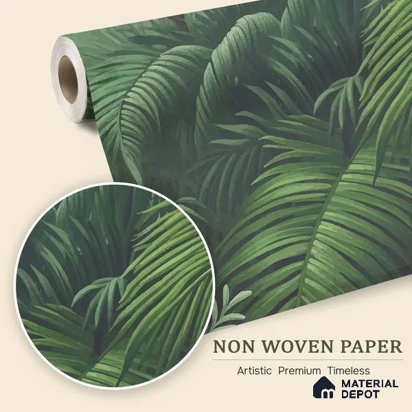 Emerald Green Lush Rainforest Leaves Abstract Serenity Art | WP 03922 Non Woven Matte Finish Tropical Style Premium Customized size Wallpaper | 150 GSM WP01MTF Paper | (MOQ = 30 Sq. Ft.)