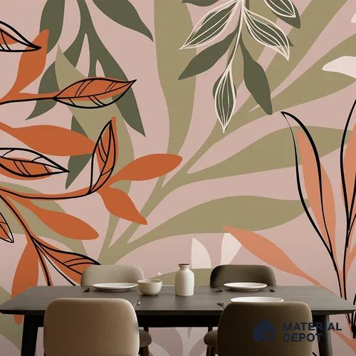 Warm Beige Abstract Leaf Line Tropical Mist Nature Art | WP 03923 B Canvas Texture Finish Tropical Style luxurious Customized size Wallpaper | 250 GSM WP01CNF Paper | (MOQ = 30 Sq. Ft.)
