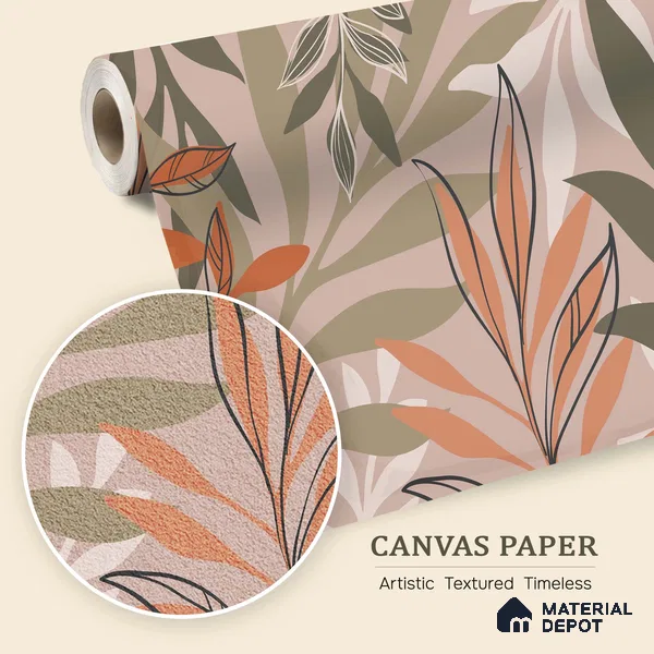 Warm Beige Abstract Leaf Line Tropical Mist Nature Art | WP 03923 B Canvas Texture Finish Tropical Style luxurious Customized size Wallpaper | 250 GSM WP01CNF Paper | (MOQ = 30 Sq. Ft.)