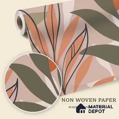 Warm Beige Abstract Leaf Line Tropical Mist Nature Art | WP 03923 Non Woven Matte Finish Tropical Style Premium Customized size Wallpaper | 150 GSM WP01MTF Paper | (MOQ = 30 Sq. Ft.)