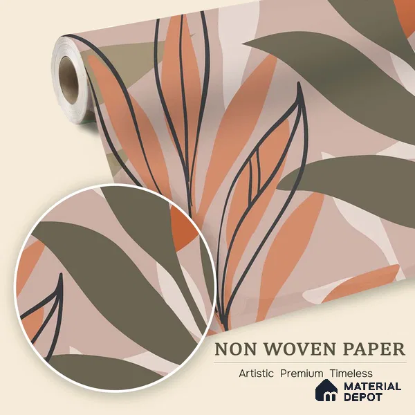 Warm Beige Abstract Leaf Line Tropical Mist Nature Art | WP 03923 Non Woven Matte Finish Tropical Style Premium Customized size Wallpaper | 150 GSM WP01MTF Paper | (MOQ = 30 Sq. Ft.)