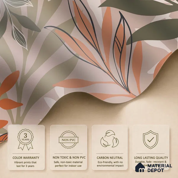 Warm Beige Abstract Leaf Line Tropical Mist Nature Art | WP 03923 B Canvas Texture Finish Tropical Style luxurious Customized size Wallpaper | 250 GSM WP01CNF Paper | (MOQ = 30 Sq. Ft.)