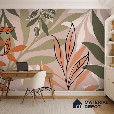 Warm Beige Abstract Leaf Line Tropical Mist Nature Art | WP 03923 Non Woven Matte Finish Tropical Style Premium Customized size Wallpaper | 150 GSM WP01MTF Paper | (MOQ = 30 Sq. Ft.)