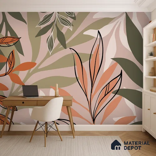 Warm Beige Abstract Leaf Line Tropical Mist Nature Art | WP 03923 Non Woven Matte Finish Tropical Style Premium Customized size Wallpaper | 150 GSM WP01MTF Paper | (MOQ = 30 Sq. Ft.)