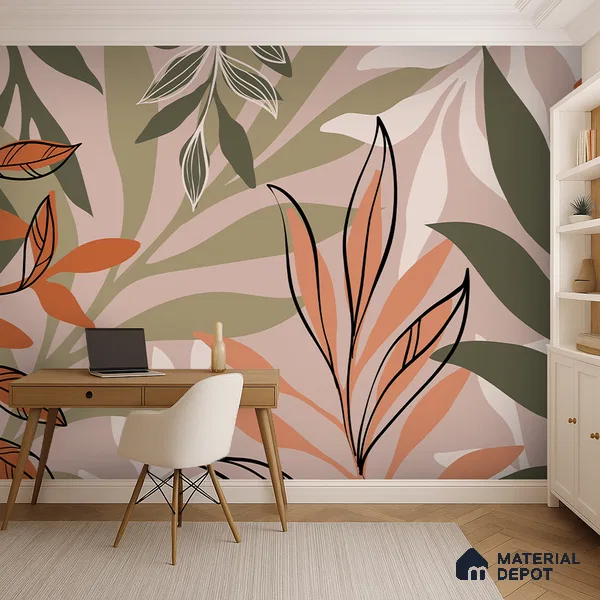 Warm Beige Abstract Leaf Line Tropical Mist Nature Art | WP 03923 Non Woven Matte Finish Tropical Style Premium Customized size Wallpaper | 150 GSM WP01MTF Paper | (MOQ = 30 Sq. Ft.)