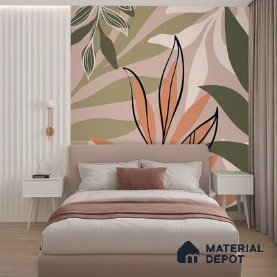 Warm Beige Abstract Leaf Line Tropical Mist Nature Art | WP 03923 Non Woven Matte Finish Tropical Style Premium Customized size Wallpaper | 150 GSM WP01MTF Paper | (MOQ = 30 Sq. Ft.)
