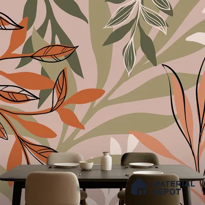 Warm Beige Abstract Leaf Line Tropical Mist Nature Art | WP 03923 Non Woven Matte Finish Tropical Style Premium Customized size Wallpaper | 150 GSM WP01MTF Paper | (MOQ = 30 Sq. Ft.)