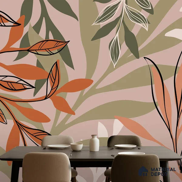 Warm Beige Abstract Leaf Line Tropical Mist Nature Art | WP 03923 Non Woven Matte Finish Tropical Style Premium Customized size Wallpaper | 150 GSM WP01MTF Paper | (MOQ = 30 Sq. Ft.)