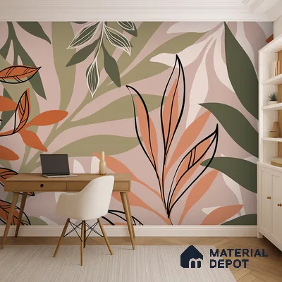 Warm Beige Abstract Leaf Line Tropical Mist Nature Art | WP 03923 Non Woven Matte Finish Tropical Style Premium Customized size Wallpaper | 150 GSM WP01MTF Paper | (MOQ = 30 Sq. Ft.)