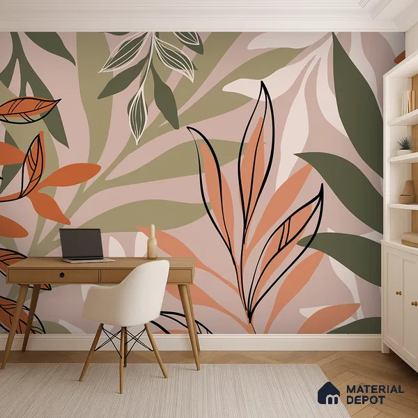 Warm Beige Abstract Leaf Line Tropical Mist Nature Art | WP 03923 Non Woven Matte Finish Tropical Style Premium Customized size Wallpaper | 150 GSM WP01MTF Paper | (MOQ = 30 Sq. Ft.)