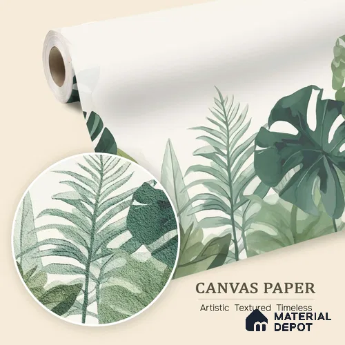 Sage Green Monstera Leaf Abstract Nature Art | WP 03924 B Canvas Texture Finish Tropical Style luxurious Customized size Wallpaper | 250 GSM WP01CNF Paper | (MOQ = 30 Sq. Ft.)