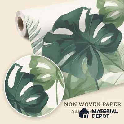 Sage Green Monstera Leaf Abstract Nature Art | WP 03924 Non Woven Matte Finish Tropical Style Premium Customized size Wallpaper | 150 GSM WP01MTF Paper | (MOQ = 30 Sq. Ft.)