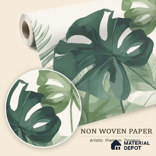 Sage Green Monstera Leaf Abstract Nature Art | WP 03924 Non Woven Matte Finish Tropical Style Premium Customized size Wallpaper | 150 GSM WP01MTF Paper | (MOQ = 30 Sq. Ft.)