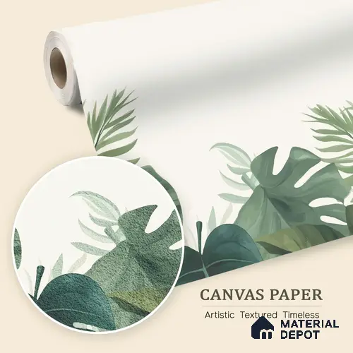 Olive Green Palm and Monstera Abstract Nature Art | WP 03925 B Canvas Texture Finish Tropical Style luxurious Customized size Wallpaper | 250 GSM WP01CNF Paper | (MOQ = 30 Sq. Ft.)
