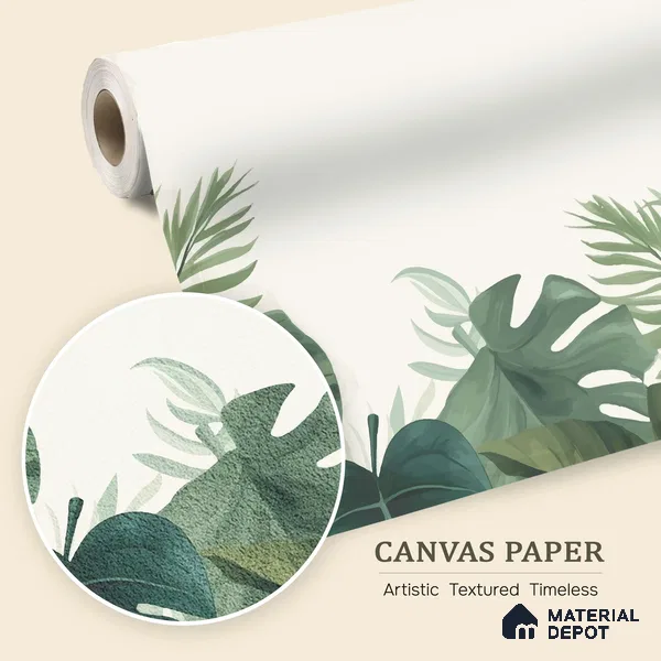 Olive Green Palm and Monstera Abstract Nature Art | WP 03925 B Canvas Texture Finish Tropical Style luxurious Customized size Wallpaper | 250 GSM WP01CNF Paper | (MOQ = 30 Sq. Ft.)