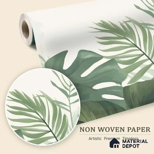 Olive Green Palm and Monstera Abstract Nature Art | WP 03925 Non Woven Matte Finish Tropical Style Premium Customized size Wallpaper | 150 GSM WP01MTF Paper | (MOQ = 30 Sq. Ft.)
