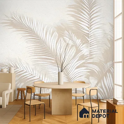 Light Beige Minimal Palm Leaf Texture Tropical Mist Nature Art | WP 03927 B Canvas Texture Finish Tropical Style luxurious Customized size Wallpaper | 250 GSM WP01CNF Paper | (MOQ = 30 Sq. Ft.) | Design change not possible