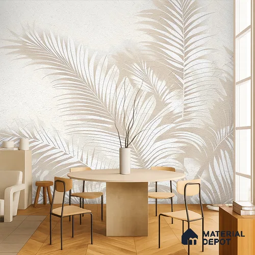 Light Beige Minimal Palm Leaf Texture Tropical Mist Nature Art | WP 03927 B Canvas Texture Finish Tropical Style luxurious Customized size Wallpaper | 250 GSM WP01CNF Paper | (MOQ = 30 Sq. Ft.) | Design change not possible