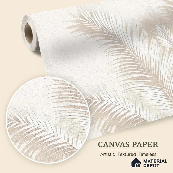 Light Beige Minimal Palm Leaf Texture Tropical Mist Nature Art | WP 03927 B Canvas Texture Finish Tropical Style luxurious Customized size Wallpaper | 250 GSM WP01CNF Paper | (MOQ = 30 Sq. Ft.) | Design change not possible
