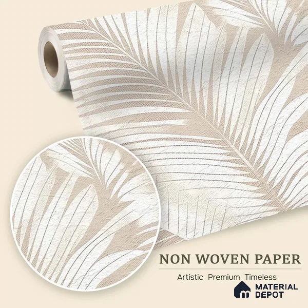 Light Beige Minimal Palm Leaf Texture Tropical Mist Nature Art | WP 03927 Non Woven Matte Finish Tropical Style Premium Customized size Wallpaper | 150 GSM WP01MTF Paper | (MOQ = 30 Sq. Ft.) | Design change not possible