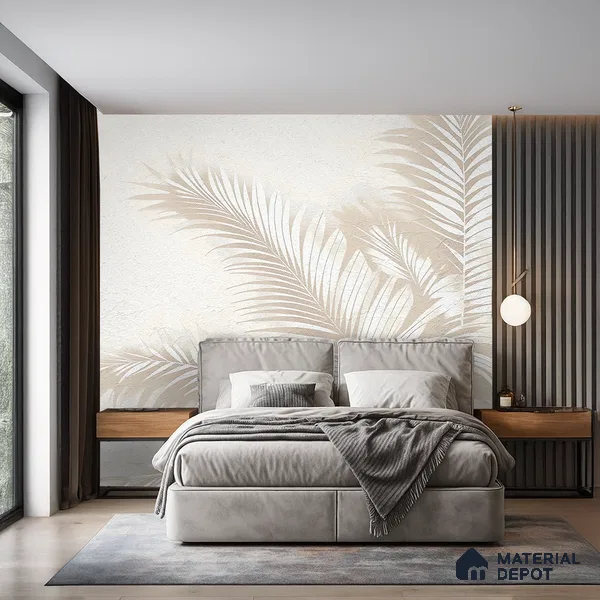 Light Beige Minimal Palm Leaf Texture Tropical Mist Nature Art | WP 03927 Non Woven Matte Finish Tropical Style Premium Customized size Wallpaper | 150 GSM WP01MTF Paper | (MOQ = 30 Sq. Ft.) | Design change not possible