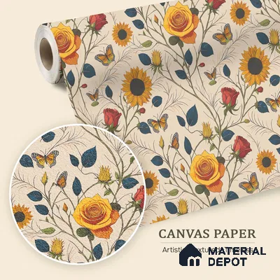 Beige Floral Roses Sunflowers with Butterflies Artistic Charm Designer | WP 03929 B Canvas Texture Finish Florals Style luxurious Customized size Wallpaper | 250 GSM WP01CNF Paper | (MOQ = 30 Sq. Ft.)