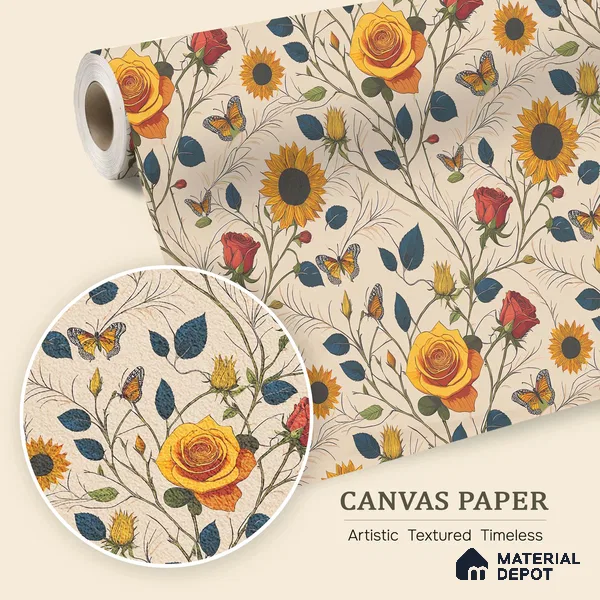 Beige Floral Roses Sunflowers with Butterflies Artistic Charm Designer | WP 03929 B Canvas Texture Finish Florals Style luxurious Customized size Wallpaper | 250 GSM WP01CNF Paper | (MOQ = 30 Sq. Ft.)