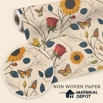 Beige Floral Roses Sunflowers with Butterflies Artistic Charm Designer | WP 03929 Non Woven Matte Finish Florals Style Premium Customized size Wallpaper | 150 GSM WP01MTF Paper | (MOQ = 30 Sq. Ft.)