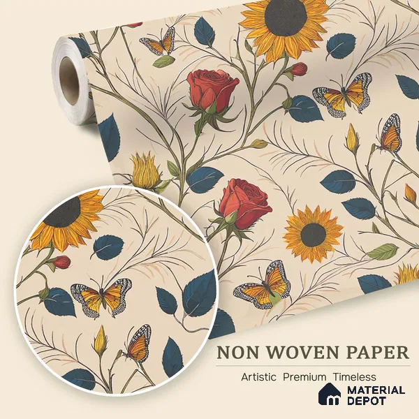 Beige Floral Roses Sunflowers with Butterflies Artistic Charm Designer | WP 03929 Non Woven Matte Finish Florals Style Premium Customized size Wallpaper | 150 GSM WP01MTF Paper | (MOQ = 30 Sq. Ft.)