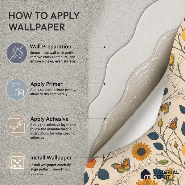 Beige Floral Roses Sunflowers with Butterflies Artistic Charm Designer | WP 03929 Non Woven Matte Finish Florals Style Premium Customized size Wallpaper | 150 GSM WP01MTF Paper | (MOQ = 30 Sq. Ft.)