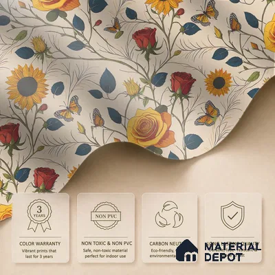 Beige Floral Roses Sunflowers with Butterflies Artistic Charm Designer | WP 03929 Non Woven Matte Finish Florals Style Premium Customized size Wallpaper | 150 GSM WP01MTF Paper | (MOQ = 30 Sq. Ft.)