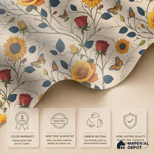 Beige Floral Roses Sunflowers with Butterflies Artistic Charm Designer | WP 03929 Non Woven Matte Finish Florals Style Premium Customized size Wallpaper | 150 GSM WP01MTF Paper | (MOQ = 30 Sq. Ft.)